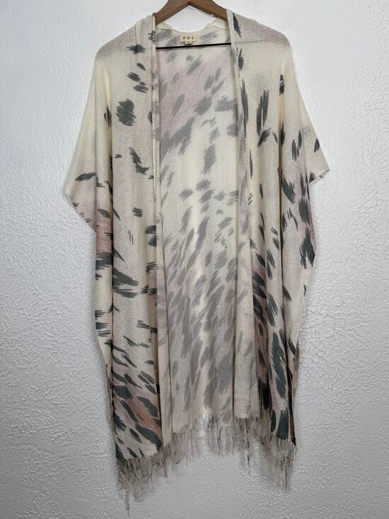 POL Tops - POL Abstract Print Open Front Kimono Cardigan Fringe Boho Size M/L